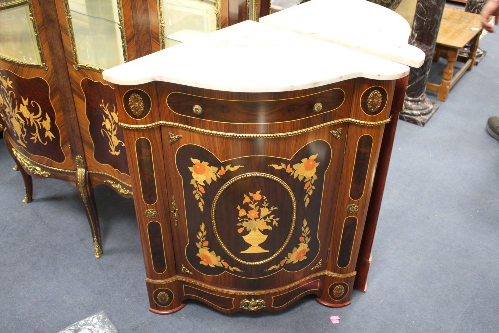 A pair of Meuble Francais marquetry inlaid corner cabinets, W.75cm D.47cm H.90cm